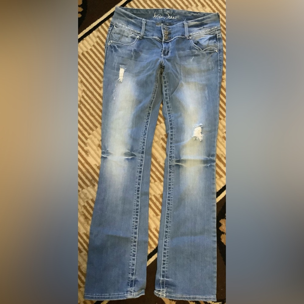 Trendy Light Blue Distressed Flare Jeans